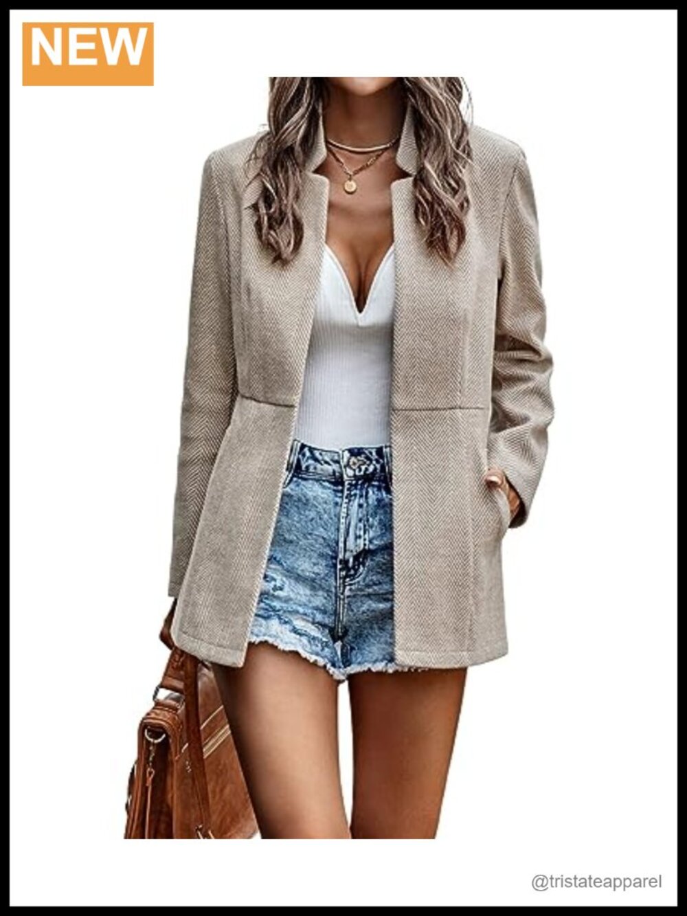 Women's Herringbone Open Front Notch Lapel Office Blazer Jacket